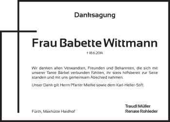 Traueranzeige von Babette Wittmann von Pegnitz-Zeitung